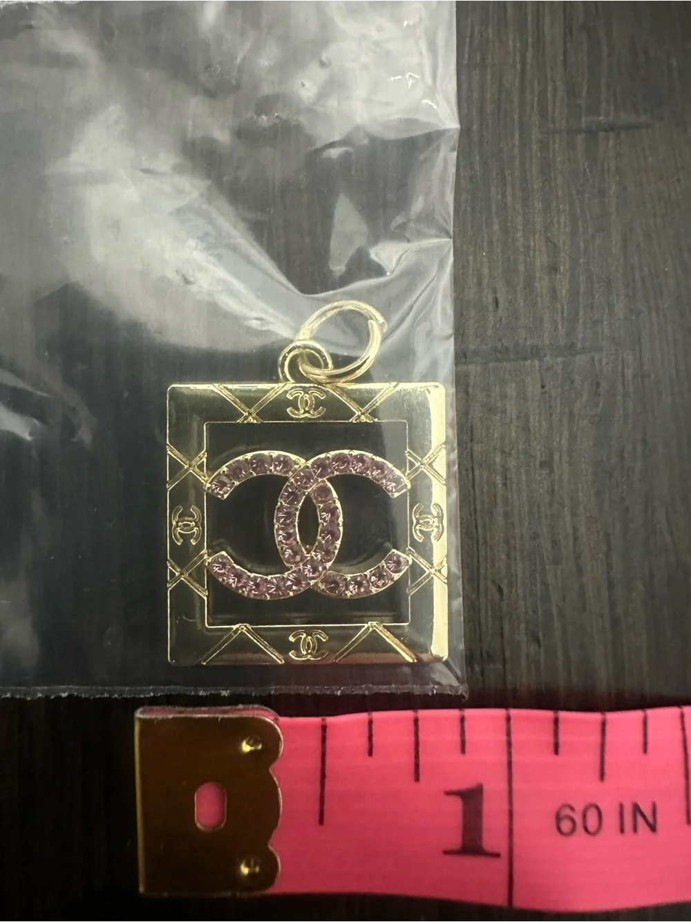 CC Chanel Gold Square Pendant with Pink Crystal CC Logo